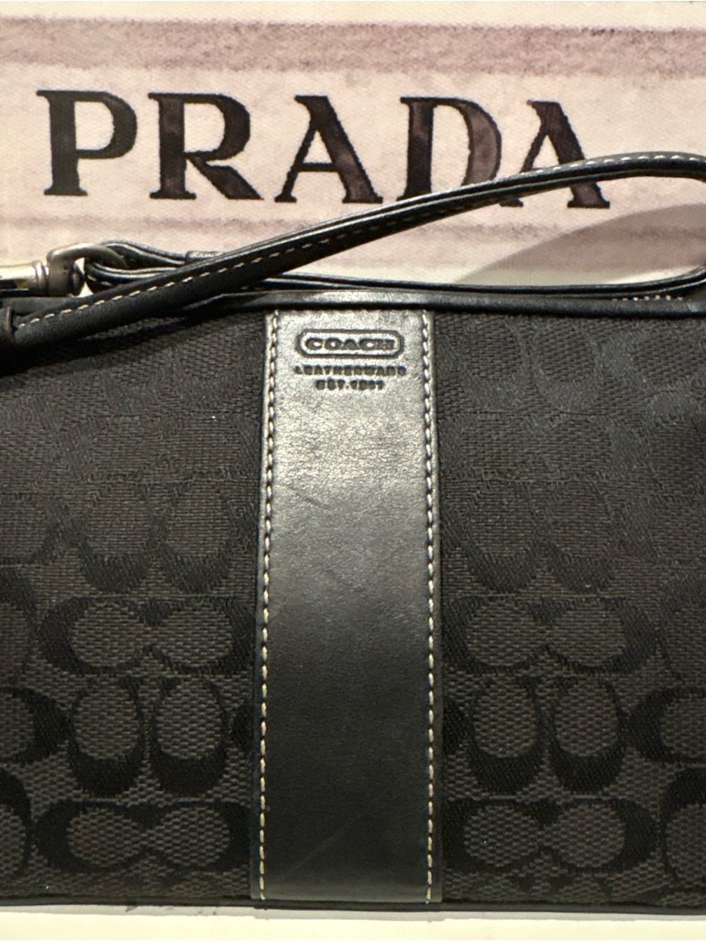 Coach Black Signature Canvas Wristlet with Center Leather Panel